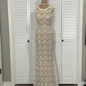 Sleeveless Cream Lace Maxi Dress with Sheer Overlay